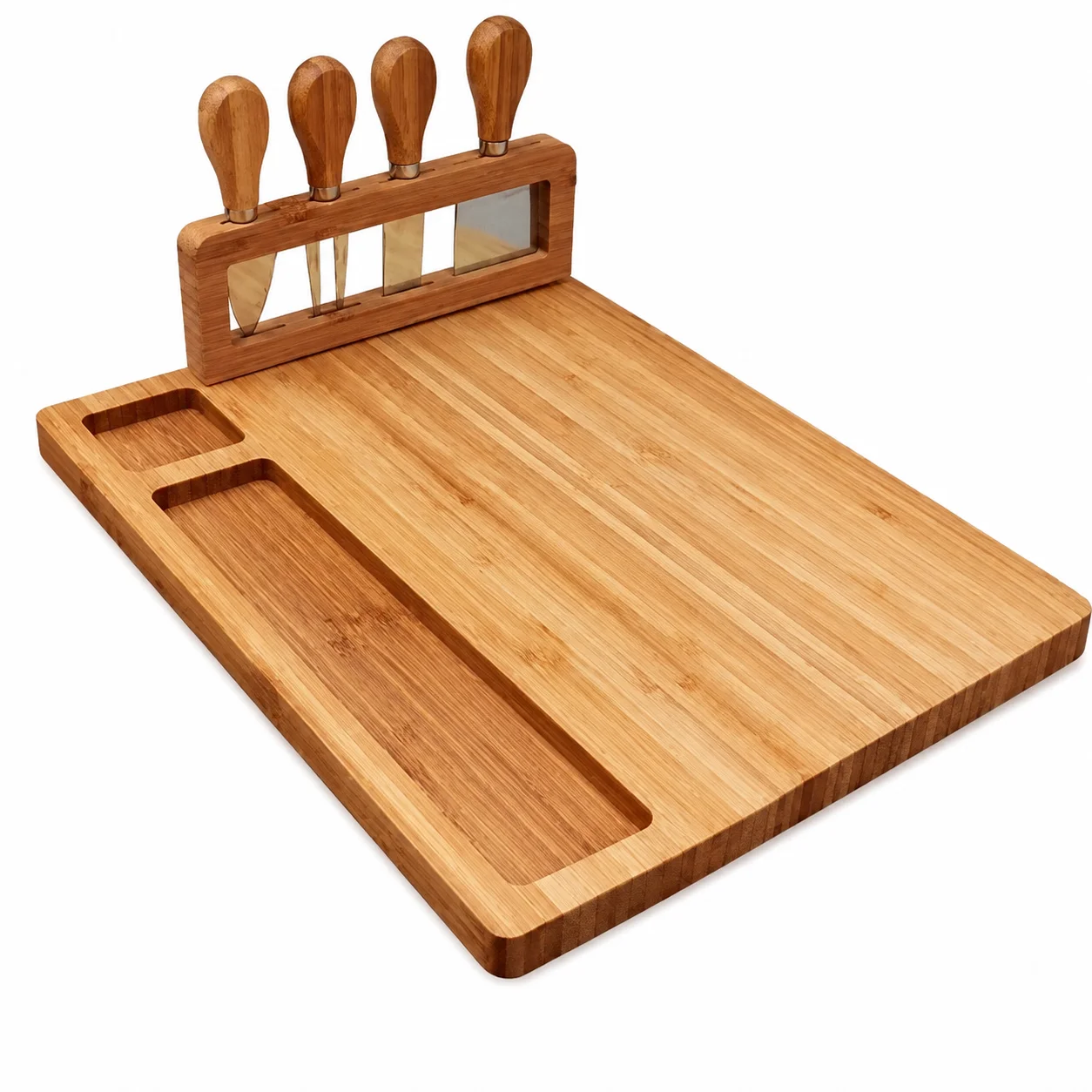 Bamboo cheese board with 4 knives and compartments, serving board for cheese, snacks, fruit and nuts