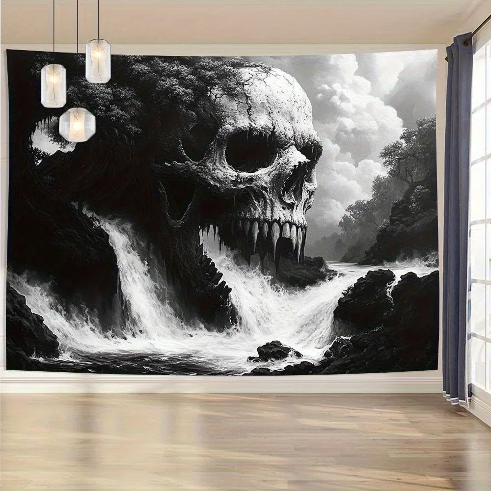 Tapestry Wall Wall Tapestry for Bedroom Horror Gothic Skull Tapestry - Black and White Waterfall and Tree Pattern - Big Eye