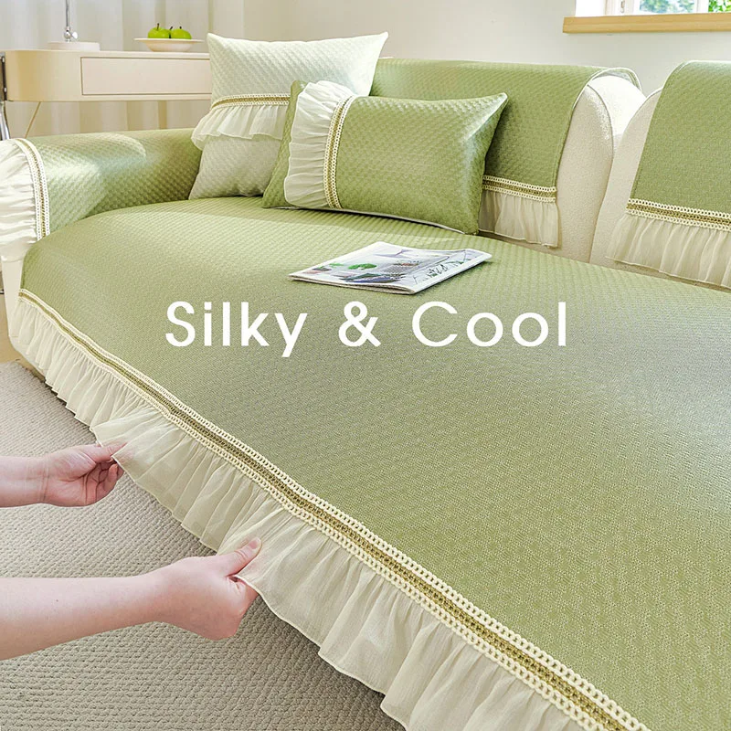 New Summer Cooling Sofa Cushion with Skirt French Soft Antiskid Corner Couch Covers Easy-Care Wear-Resistant Furniture Protector