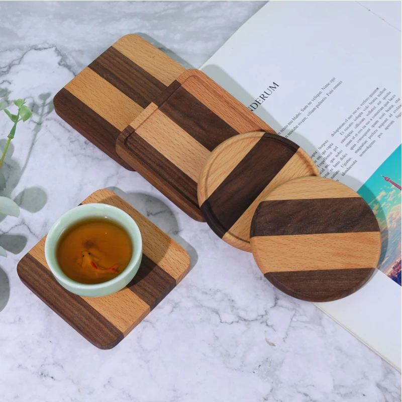 TIME OWNER Tea Coffee Cup Pad Placemats Decor Walnut Beech Wood Coasters Durable Heat Resistant Square Drink Mat Bowl Teapot