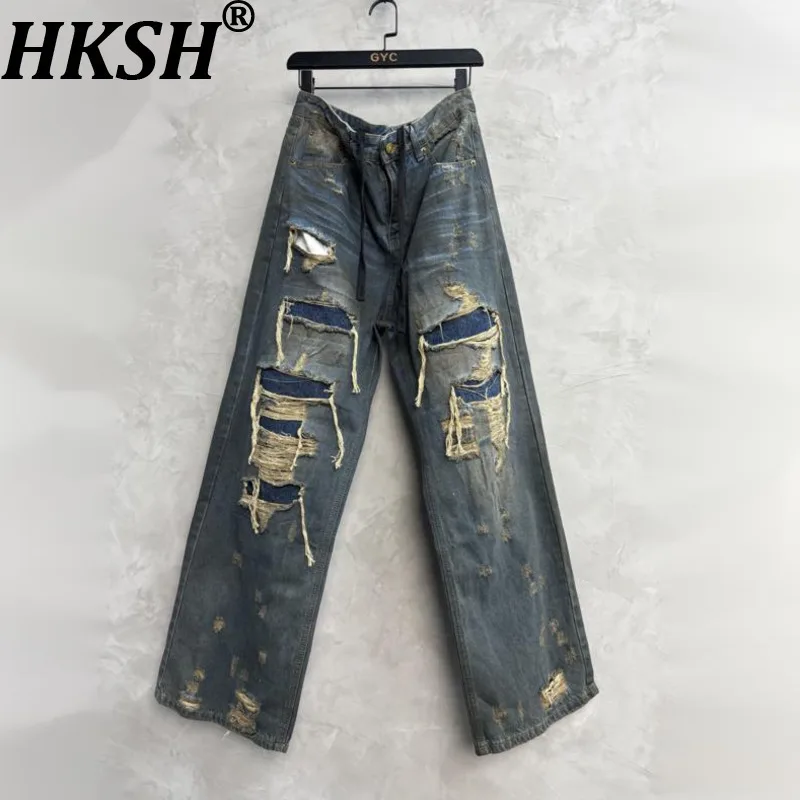 HKSH Herfst Nieuwe Man Punk Mode Gewassen Vintage Jeans Persoonlijkheid Patchwork Rechte Mode Cool Verontruste Denim Broek HK11945