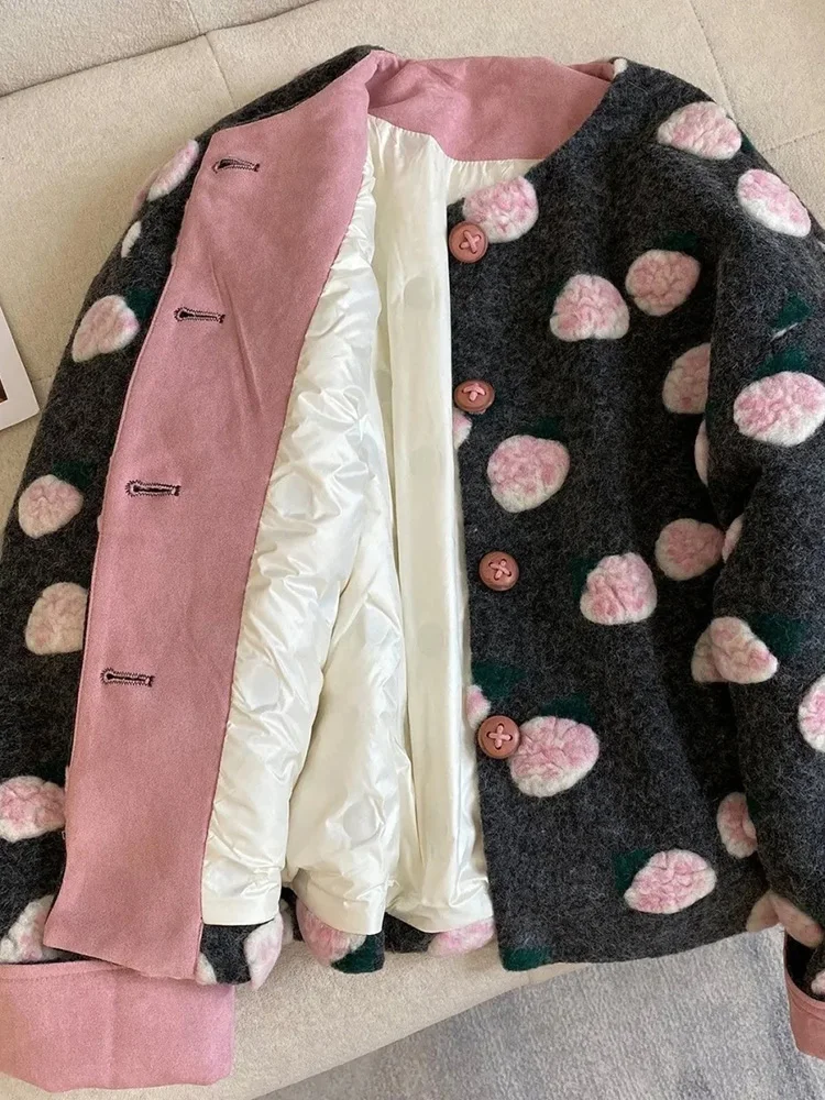 

Vintage Floral Faux Woolen Coat Women Sweet Long Sleeve Slim Elegant Jacket Fall Winter Korean Retro 3D Print Design Outwear New