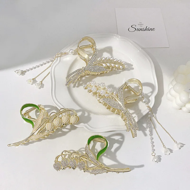 Elegant New Lily of The Valley Metal Hair Clip Vintage Pearl Tassel Hair Claw Women's Hair Claw Hair Clip Hair Accessories