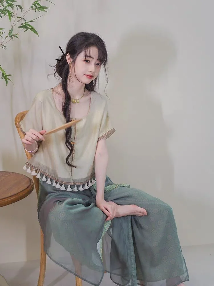 

Southern Wind Valley Warbler New Chinese Hanfu Fairy Qi Top Song Han Element Song Pants Wide Leg Pants Summer Daily Set