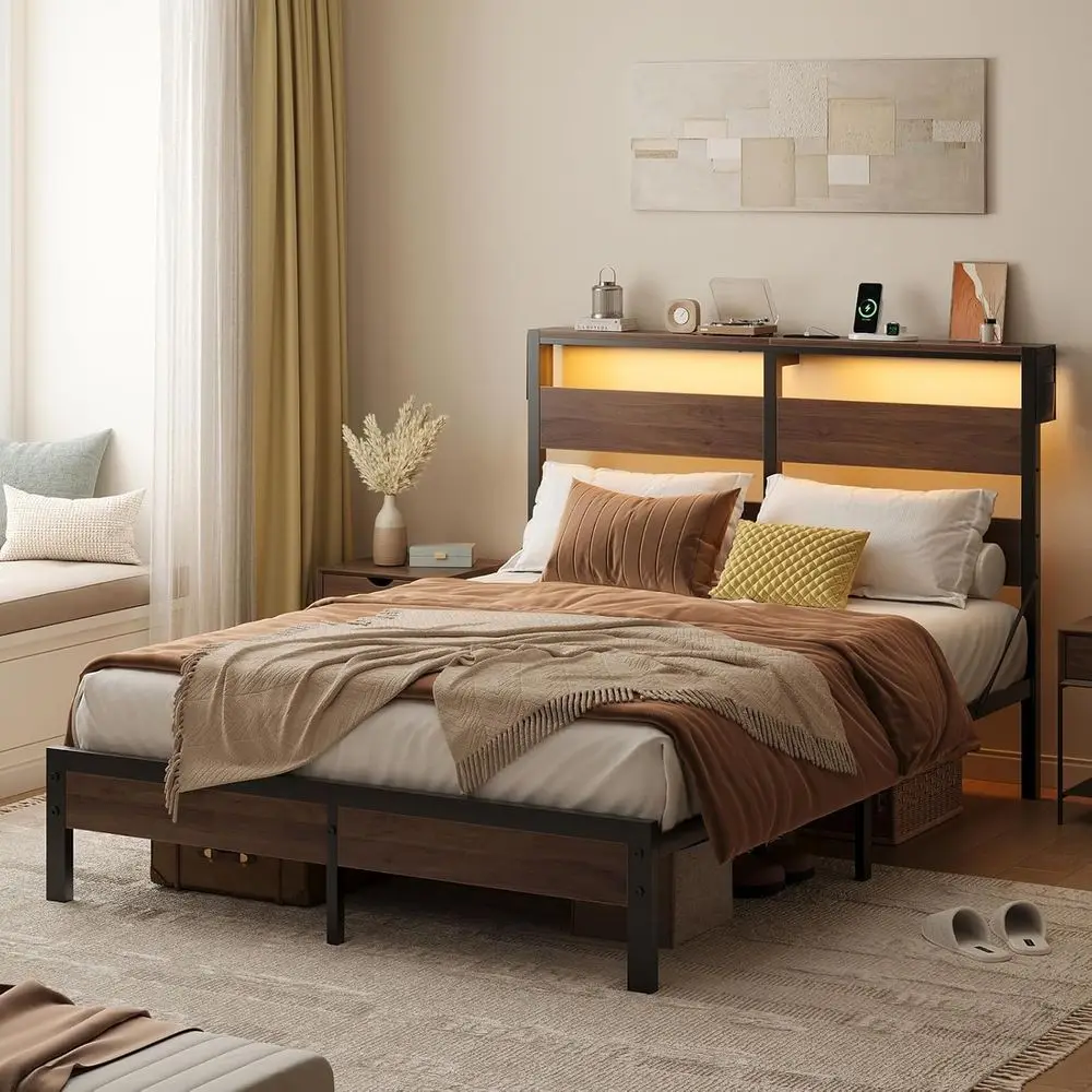 

Queen Size Platform Metal Bed with LED Light, Non-Slip, Noise-Free, Easy Assembly, Walnut Finish
