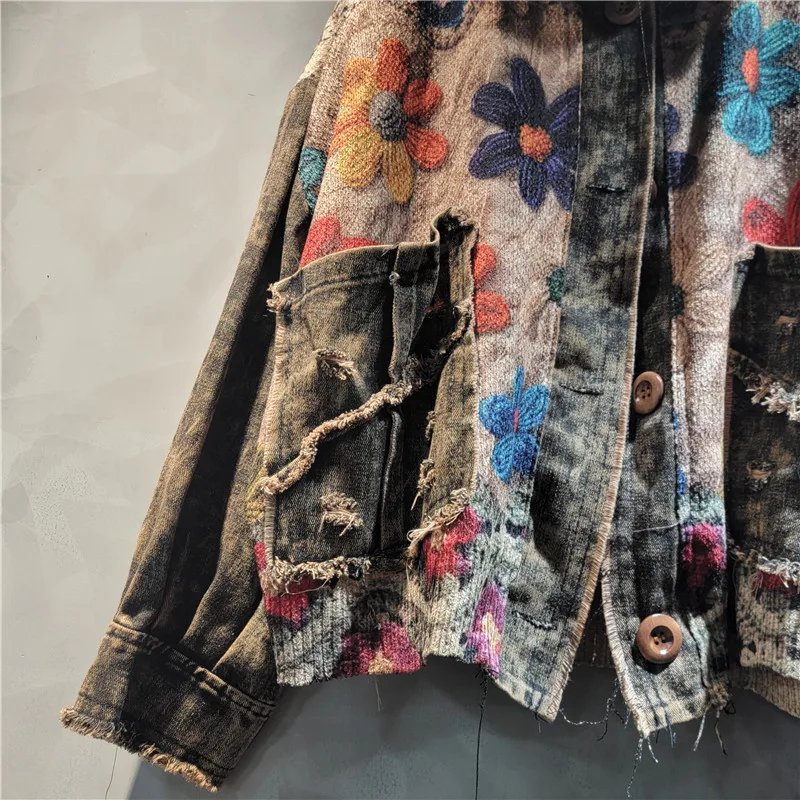 Fashion Versatile Loose Contrasting Color Printing Splicing Old Color Denim Hooded Cardigan Jacket Women 2024 Autumn New Coats