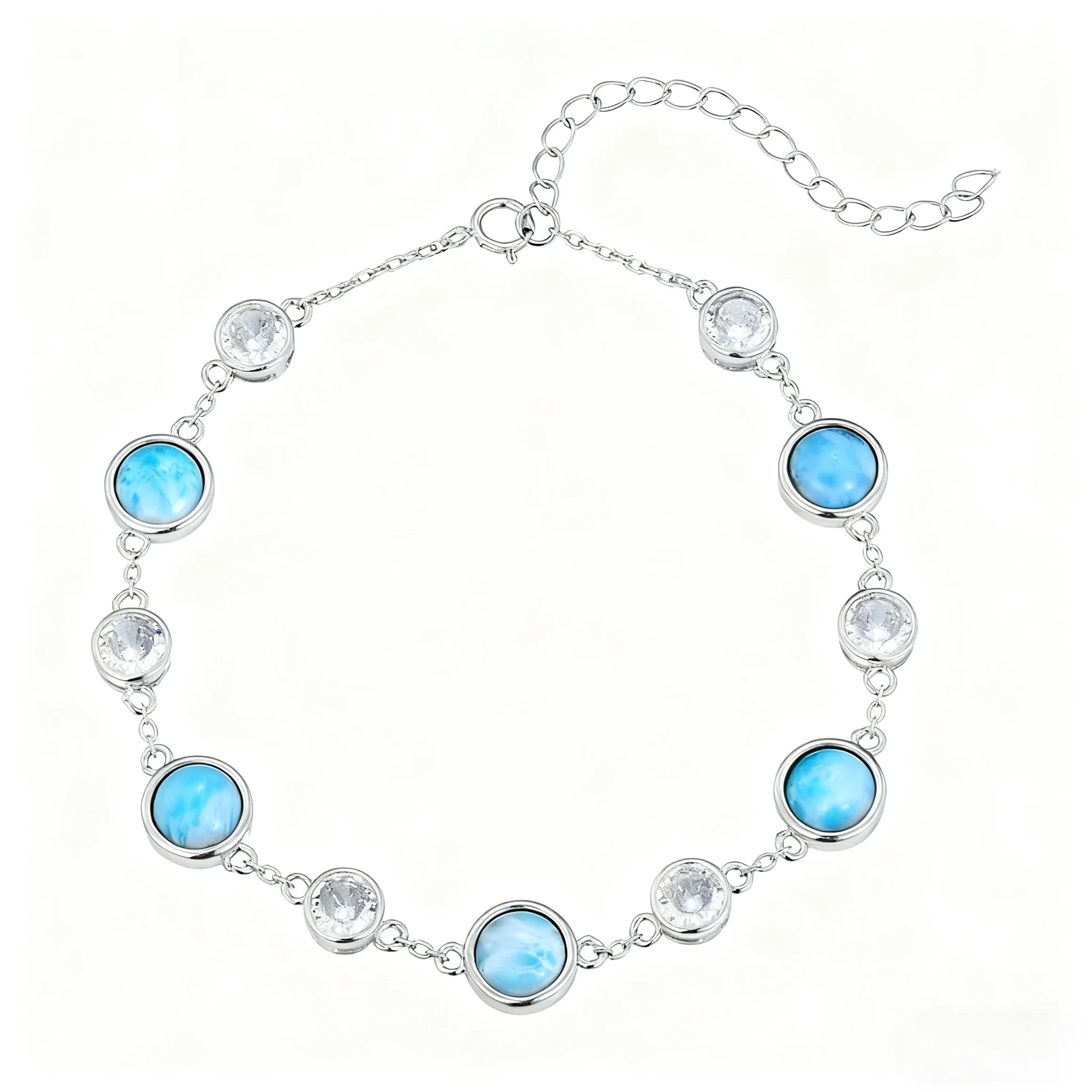 

Natural Larimar Bead Bracelet with Cubic Zirconia, Silver Plated Boho Chic Bracelet for Women, Adjustable Chain Beach Jewelry