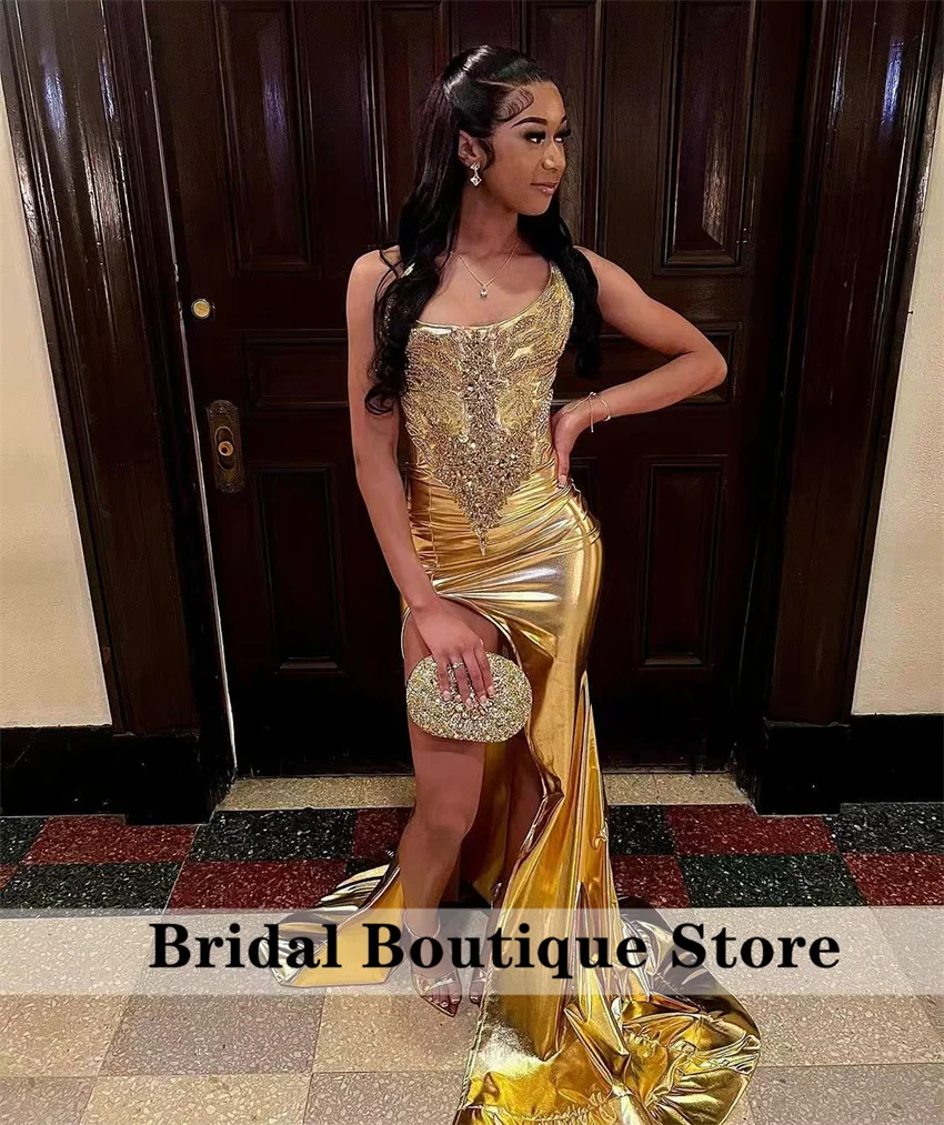 

Sparkly Gold Diamonds Long Prom Dresses 2025 Sparkly Beads Rhinestone Crystal Birthday Party Gown Wedding Reception Customized