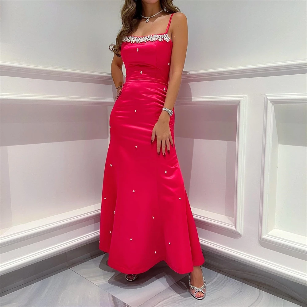 

Fashio Red Spaghetti strap Satin Beading Formal Occasion Prom Dresses Ankle-Length Women Evening Party Dress فساتين حفلات