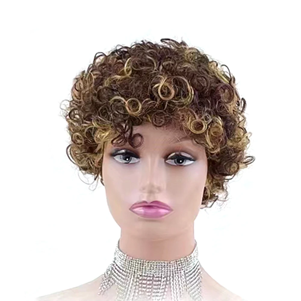 Bouncy Curly Fringe Pixie Cut Wig Short Brazilian Curly Human Hair Wigs for Women Cheap Full Machine Curls Bob Wig with Bangs