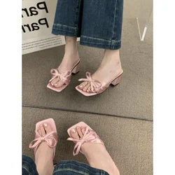 Bow Chunky Summer Shoes 2024 New Sexy High Heels Women Slippers Sandals Designer Flip Flops Open Toe Party Pumps Slides