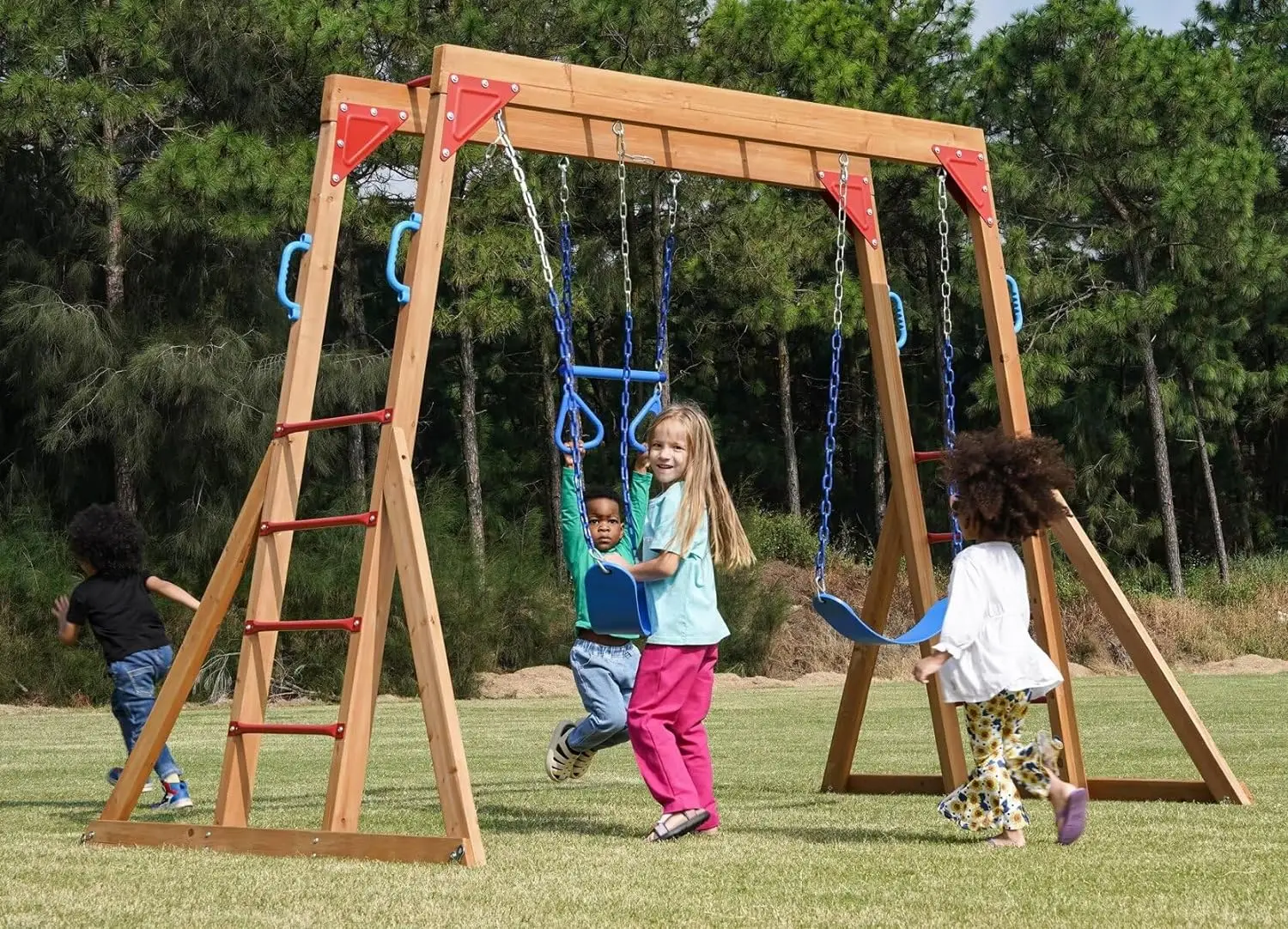 Dolphin Playground Wood Swing Sets for Backyard with Monkey Bar, Kids Outdoor Play Equipment, Outdoor Playset for Kids with Trap