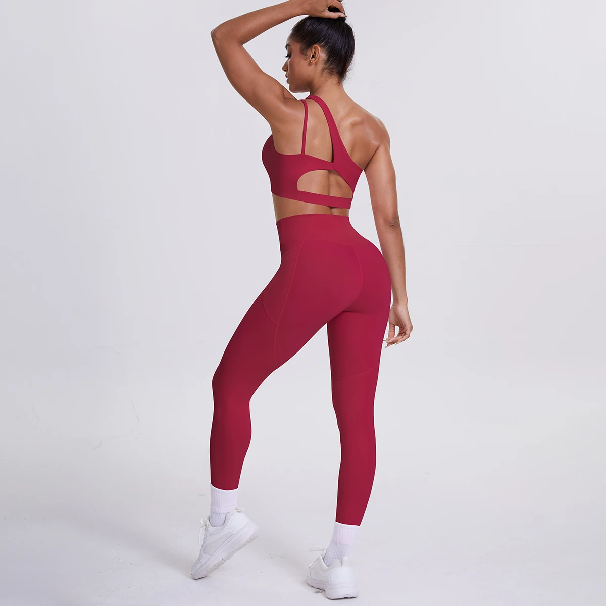 2-teiliges einfarbiges Sport-Yoga-Set für Damen, sexy, schräger Schulter-BH, Fitness-Top, Laufen, Radfahren, Taschen, Hosen, Fitnessstudio, Yoga-Set – Detail 37