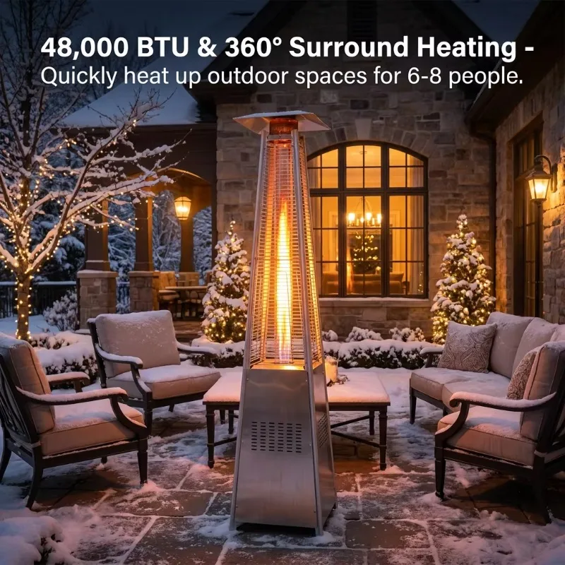 Tower Patio Heater Outdoor Propane Fuel Heating Device with Movable Wheels for Backyard Bistro Terrace Commercial Space