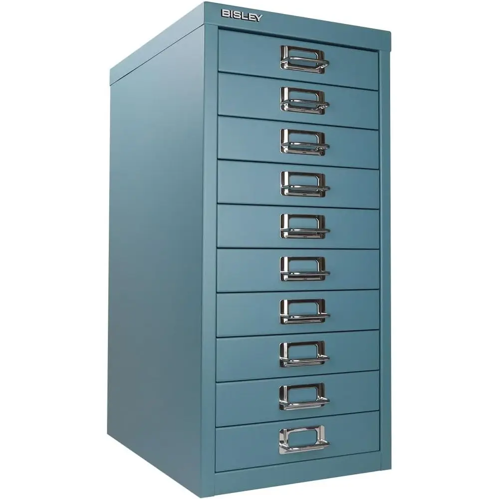 

10-Drawer Steel Cabinet with Blue and Chrome Handles, Label Holders, Powder-Coated, Removable Drawers, Ideal for Under Desk Stor