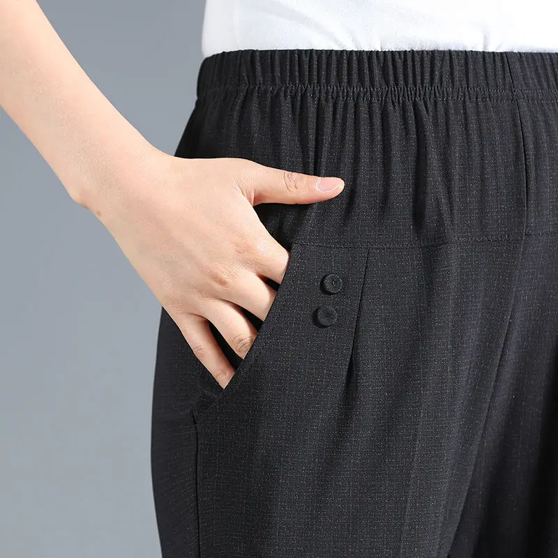 Summer Office Lady Fashion Casual Pockets Plaid Cropped Pants Women's Clothing Simplicity Elastic High Waist Straight Trousers