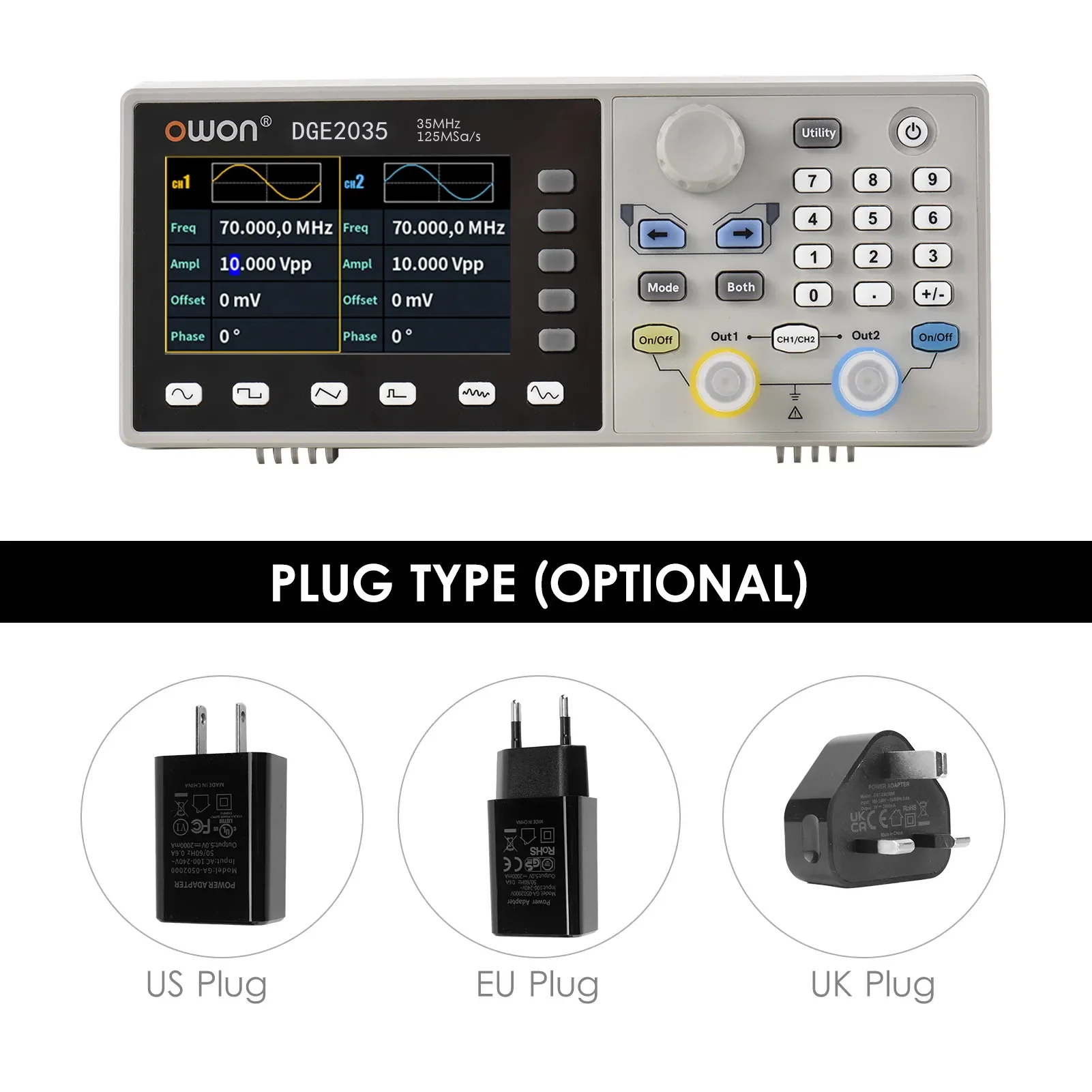 OWON DGE2035 DGE2070 300MSa/s Arbitrary Waveform Generator 14Bits 35MHz / 70Mhz Frequency Output  AM FM PM FSK  Sweep Burst SCPI