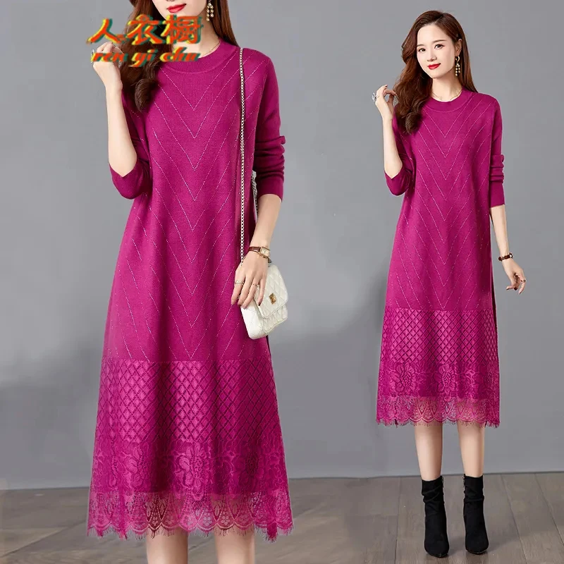 2024 New Autumn Winter Lace Jersey Dress ,For Women Clothing ,Spring middle-aged mother Knitted Sweater Dress, Large Size 78