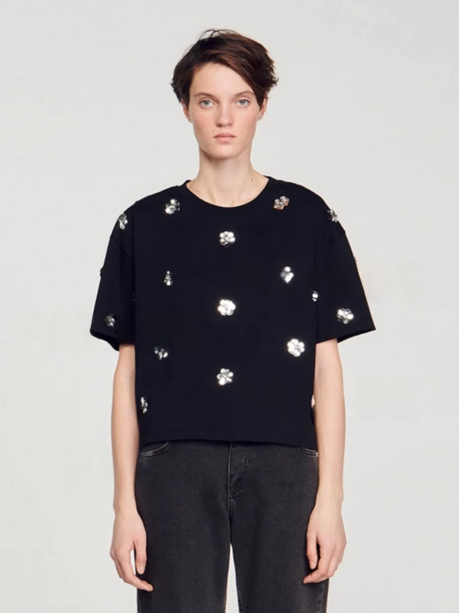 Ele Bla Gestricktes T-Shirt Damen Sommer New Sle Glitter Flower Top Baumwolle ort Sve rund Ne ort Länge Straigh...