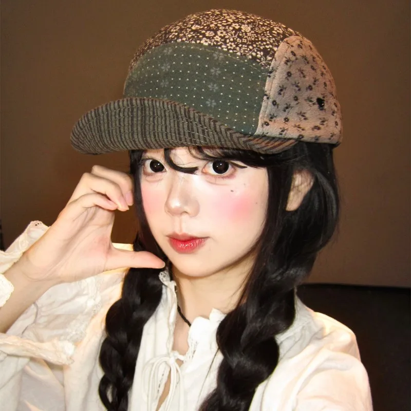 Japanese Floral Patchwork Soft Brimmed Baseball Cap Niche Spring and Autumn Outdoor Art Shading Five Panel Hip-hop Hat for Women