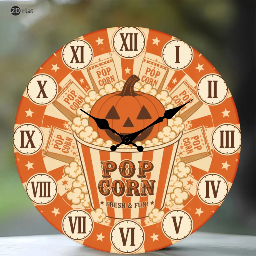 Halloween Pumpkin Popcorn 2D Flat Wall Clock 10 Inch Silent Non-Ticking Retro Vintage Movie Snack Room Decor