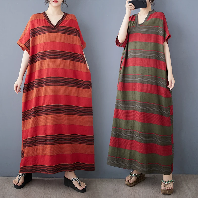 

Summer New Cotton Linen Print V-neck Loose plus Size Simple Holiday Style Long Dress Women Beach Skirt Thin A-line Dress