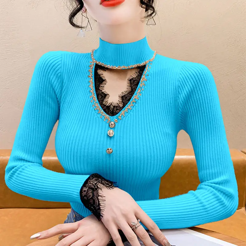 女性用ハーフハイネックセーター,ニットセーター,透かし彫り,長袖,スリムフィット,セクシーなレースのファッション,新しい秋のコレクション2024