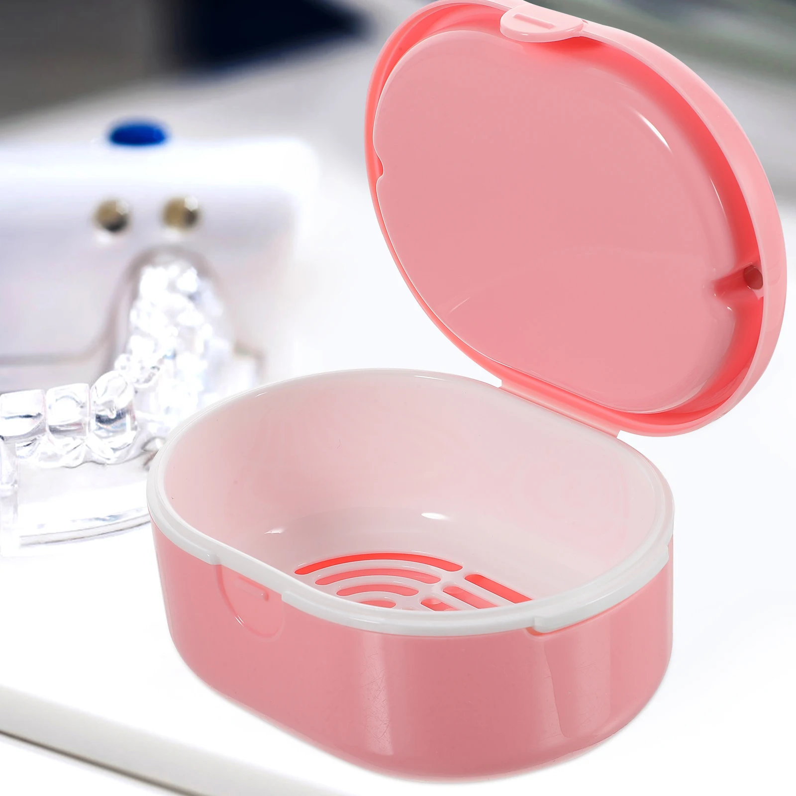 

Portable Denture Case Retainer Tray Container False Teeth Bath Plastic Storage Box for Travel Oral Appliance Dental Supplies
