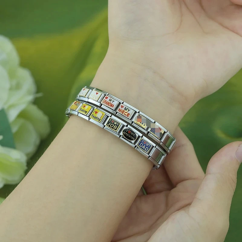 Hapiship 2024 Women\'s I Love Dad Mum You Dog Italian Charms Links Beads Fit 9mm Stainless Steel Bracelet DIYJewelry Gift ZH024