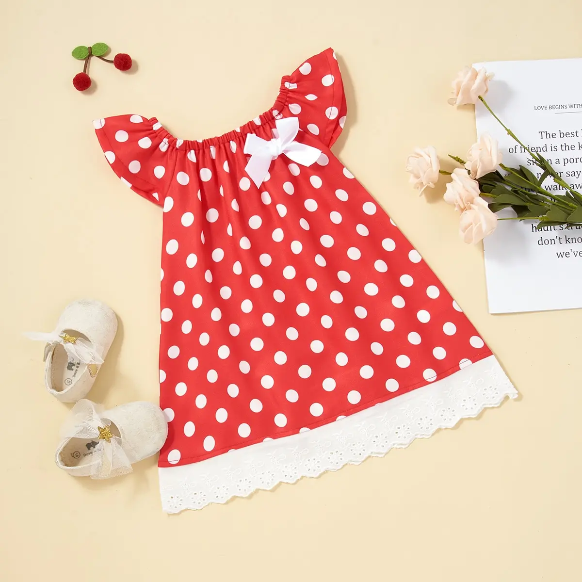 

0-2 Year Old Newborn Clothing Baby Girl Dress Square Neck Fly Sleeved Polka Dot A-line Skirt