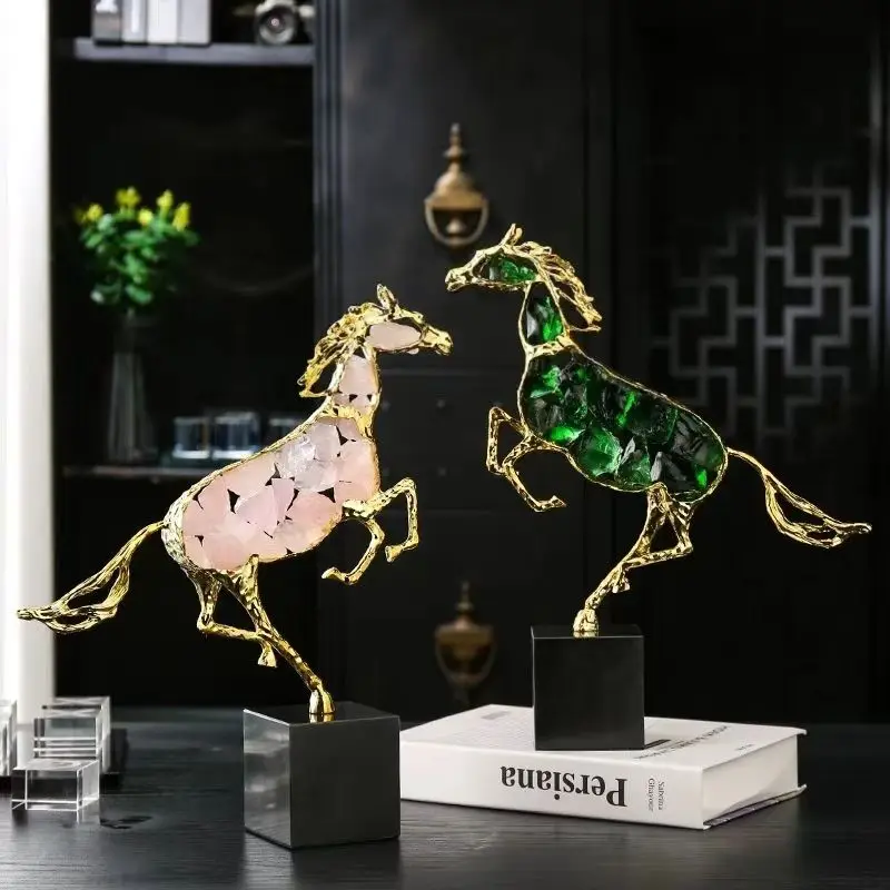 Marble Base Alloy Glass Horse Figurine Decoration Home Room Table Sculpture Ornaments Items Study Office Desk Statue Accessories