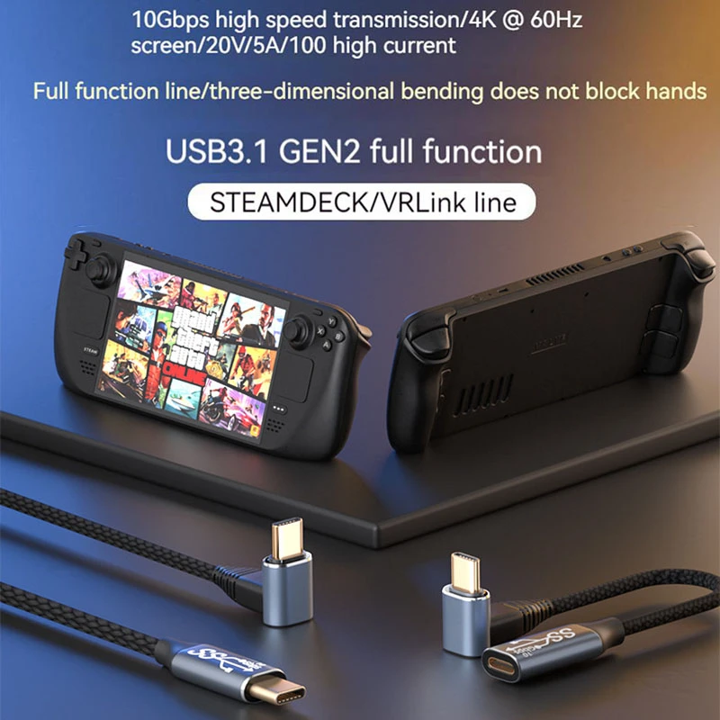 Right Angle USB C 3.2 10Gbps 4K@60Hz Data Cable Type-C PD QC 5A 100W Fast Charging Cord for Tablet Steam Deck Rog Ally VR Link