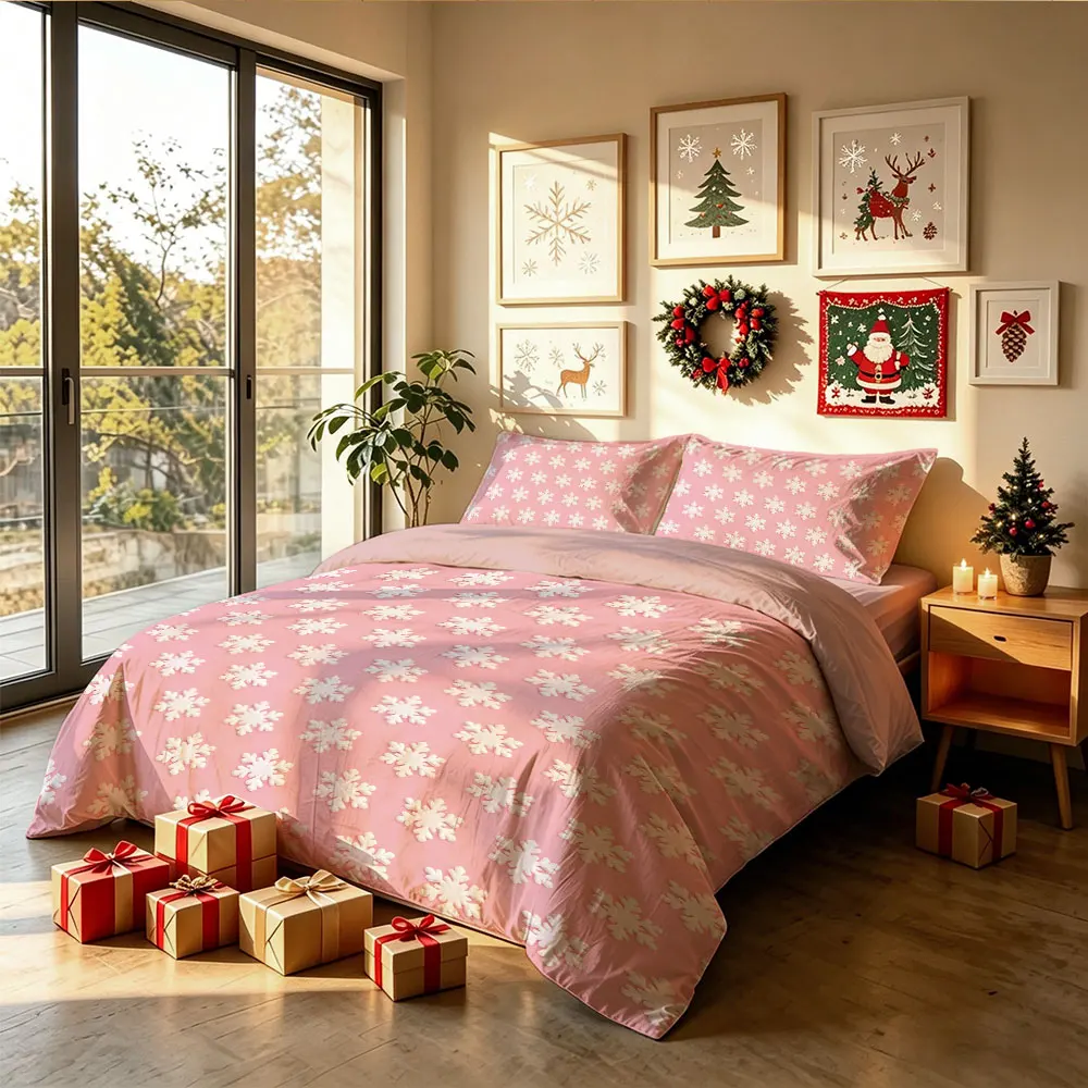 Pink Snowflake Duvet Cover Set 3Pcs, Winter Snow Bedding, Minimalist Print Quilt Cover with Pillowcases, Xmas Decor