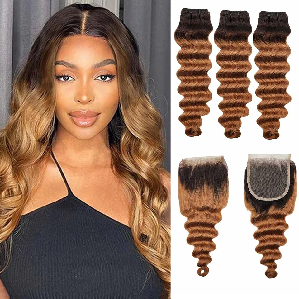 T4/30 Loose Deep Wave Human Hair Bundles With Closure Brazilian Deep Wave Hair Extensions 100% Human Hair