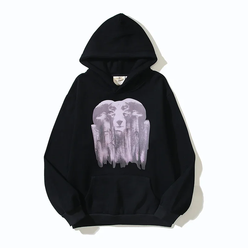 Vintage Streetwear Goat Letter Print Fleece Hooded Hoodies for Men and Women Pullover Front Pocket Baggy Sweatshirts Oversized