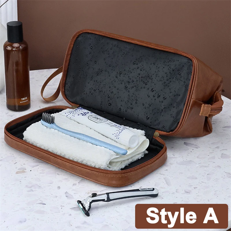 Men PU Leather Wash Bag Travel Business Trips Portable Cosmetic Bag Large Capacity Multi Pocket Design Handheld Leather Wash Bag