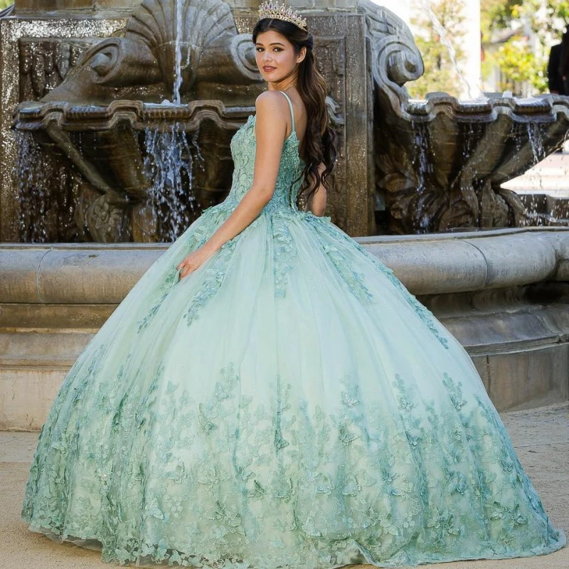 Vestido De quinceañera De menta personalizado, vestido De baile, capa, apliques De mariposa, Beadig, dulce 16, Vestidos De 15 Años YQD410