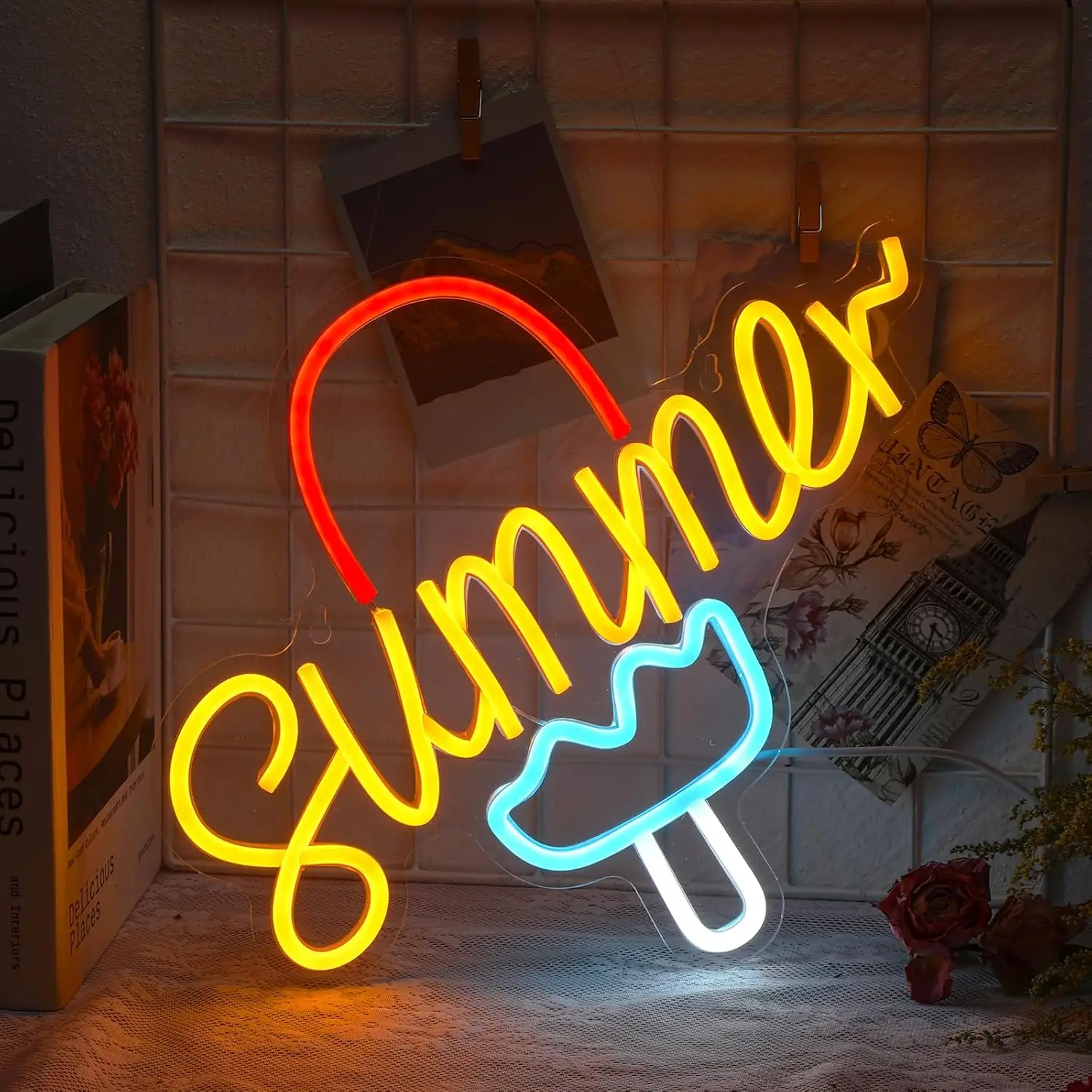 

Неоновая вывеска «Мороженое» для декора стен | Летний светодиодный светильник для спальни, магазина, вечеринки, подарка | Светящийся декор с питанием от USB