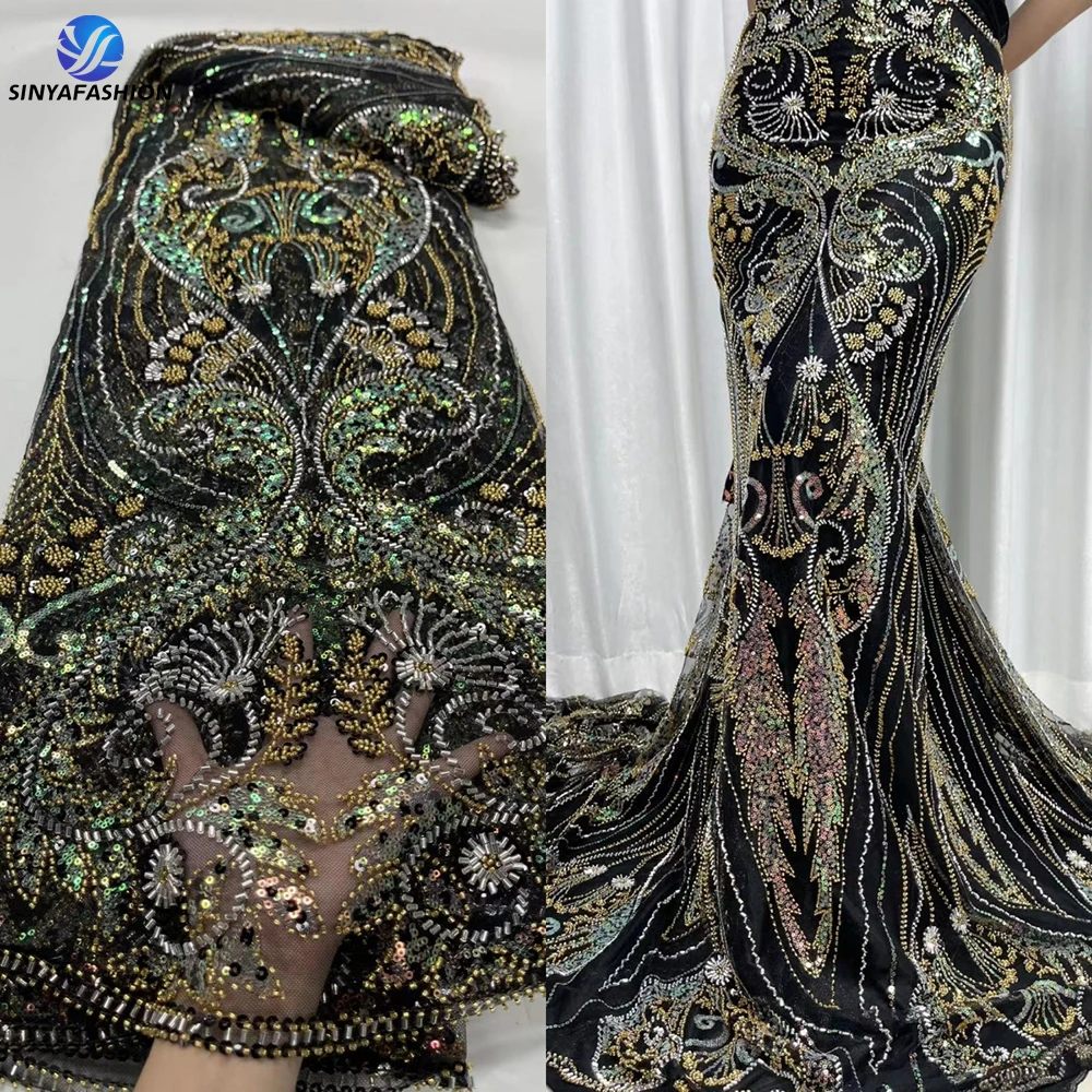 Sinya Black African French Luxury Beaded Lace Fabric 2023 High Qulity White Gold Embroidery Nigerian Lace Fabrics For Wedding