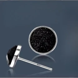 Simple Round Earrings 925 Sterling Silver Studs Earring for Woman with Black Stone Fashion Jewelry Gift Wedding Party