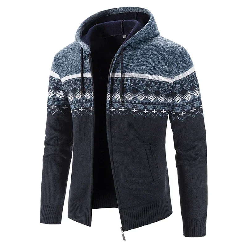 Winter Thicken Jackets for Men Casual Jacquard Weave Sweater Plus Velvet Warm Hooded Coat Fashion Zipper Knitted Cardigan