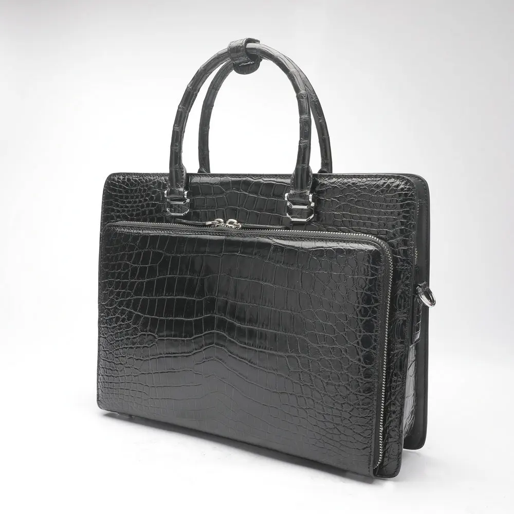 2023 Crocodile Belly Handbag Double Zipper Men\'s Briefcase Business Office Document Bag Genuine Leather Travel Shoulder Bag 45