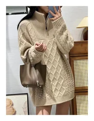Women's Pure Cashmere Bottoming Shirt 100% Cashmere Thick Profile Vertical Collar Twisted Flower Half Zipper Long Lazy Fit