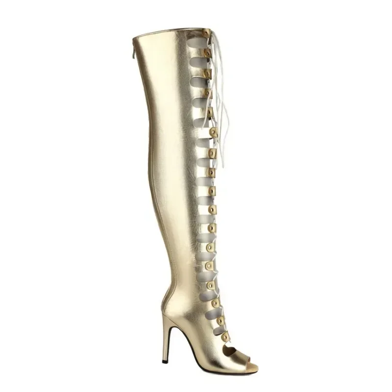 Botas por encima de la rodilla con remaches y correa cruzada para mujer, Sandalias de tacón alto doradas y plateadas, sexys, para fiesta de verano, talla 48