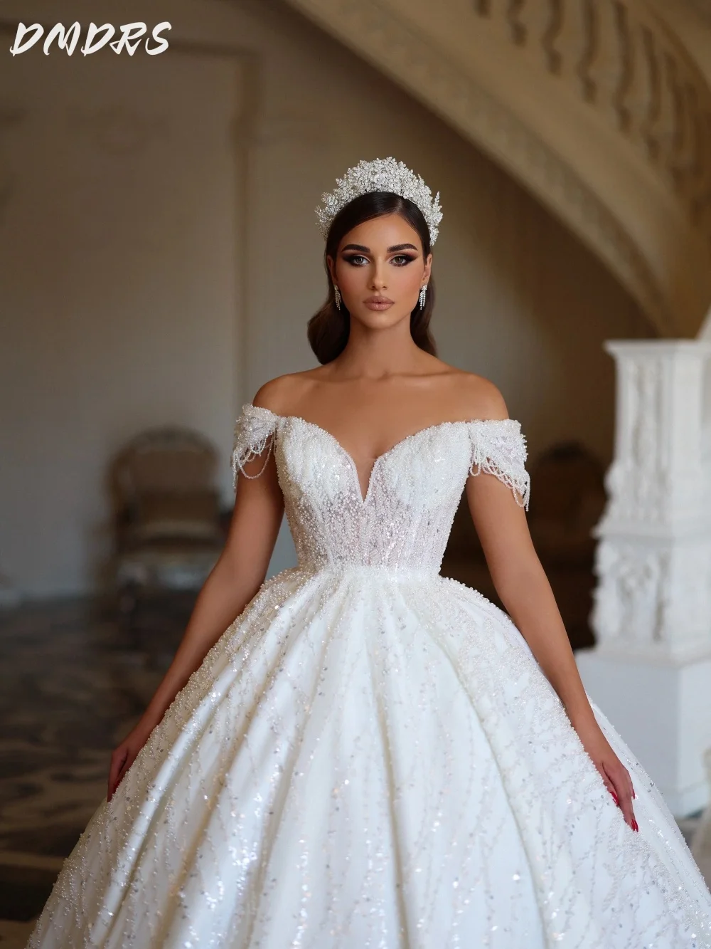 Sexy Off-shoulder Wedding Dress 2025 Charming Lace Bridal Gown Formal Round Neck Sequined Floor-length Gown Customized