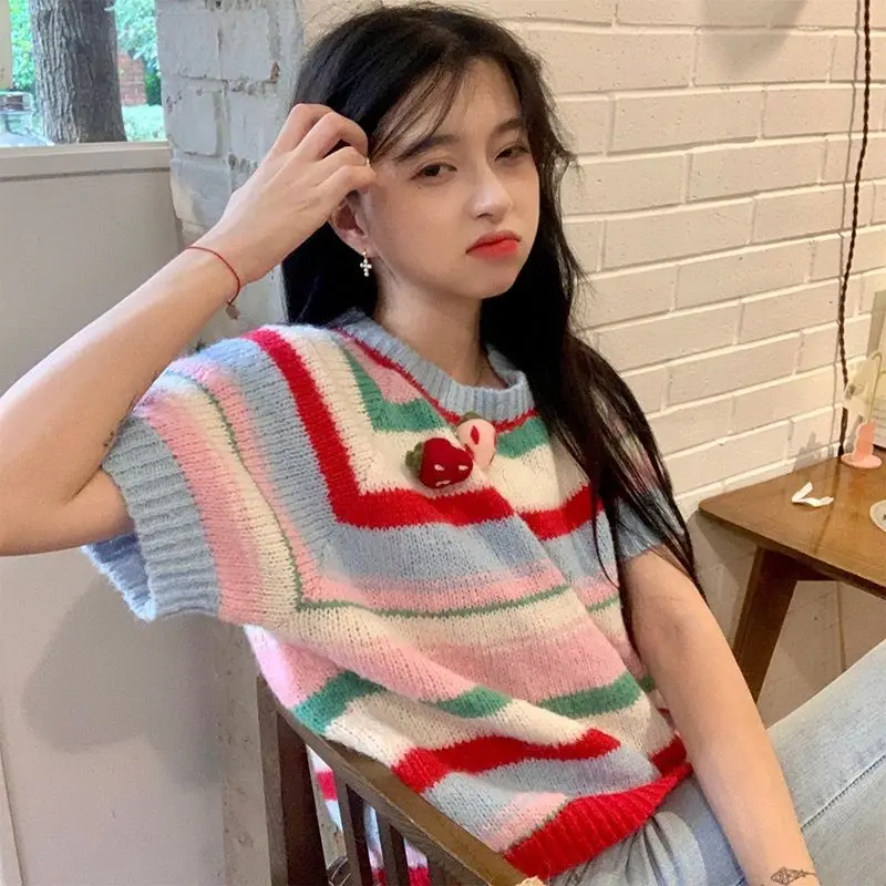 Striped Sweaters Women Cute Korean Style Sweet Three-dimensional Strawberry Half Sleeve All-match Casual Knitting Autumn College