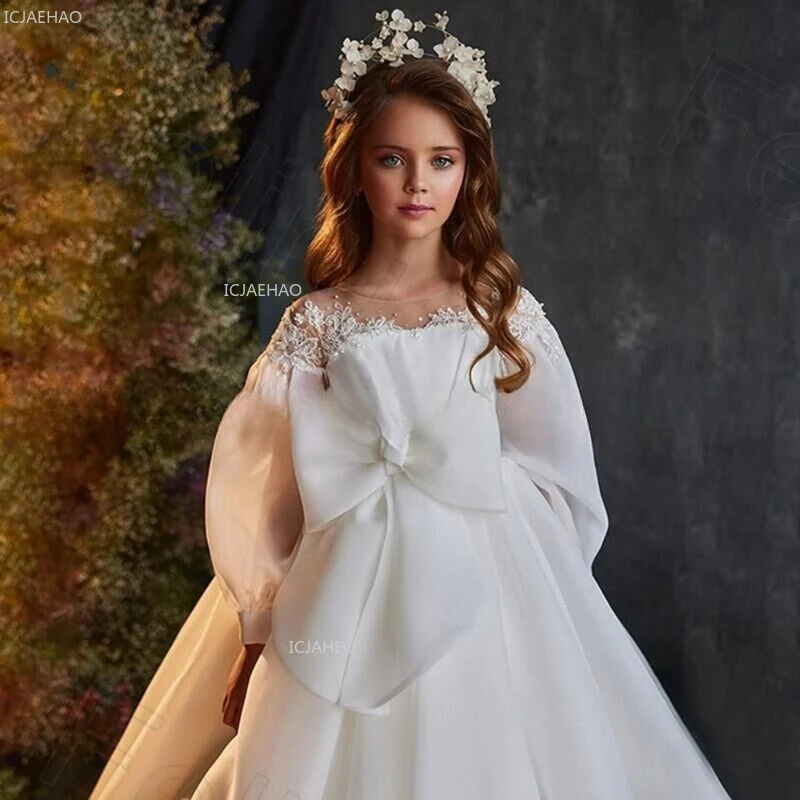 Children Dresses Kids Long Sleeve Wedding Gown Host Performance Pageant Train Puffy Tulle Dress for Birthday Costumes Clothes