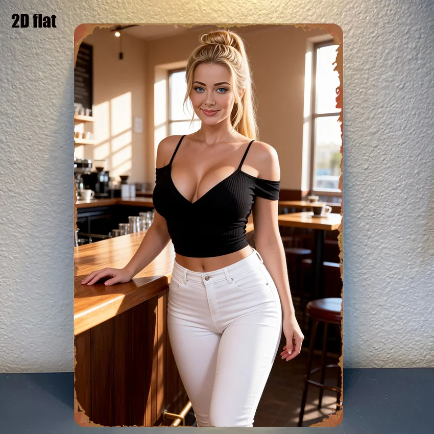Golden Long Hair Beauty Bar Metallschild 8x12 Zoll – Wanddekoration im Stil ikonischer Charaktere für Wohnzimmer und Spielzimmer