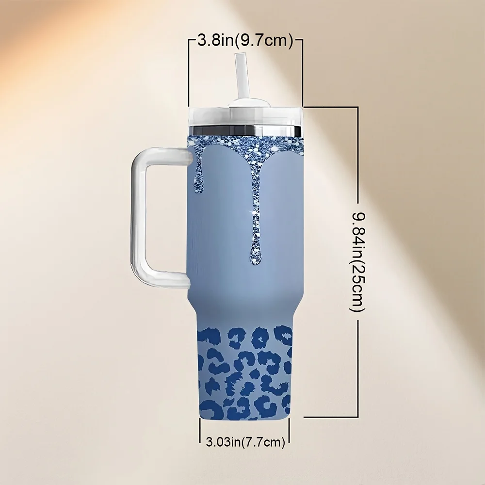 Fashion Blue Glitter Drip Leopard Print Travel Tumbler with Handle And Straw for Outdoor Daily Use