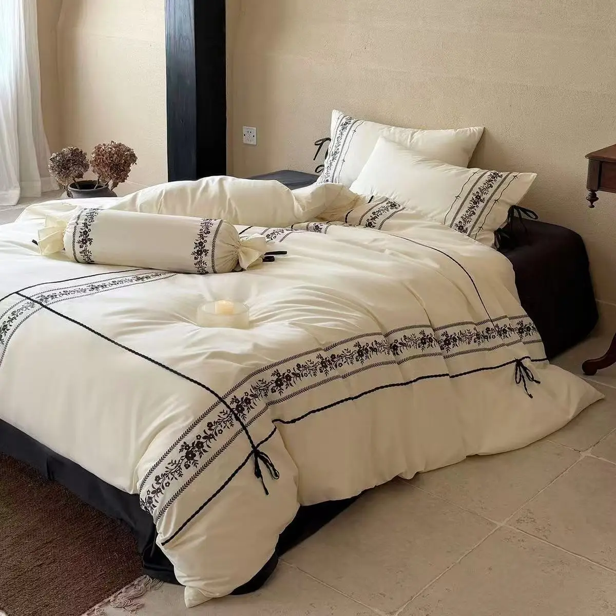 100% 100S Long-staple Cotton Embroidery Bedding Set Twin Queen King Size Duvet Cover Single Double Bed Bedsheet Pillowcase
